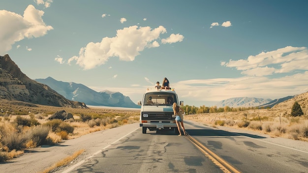 Amici spensierati che si godono un viaggio in auto attraverso un paesaggio panoramico