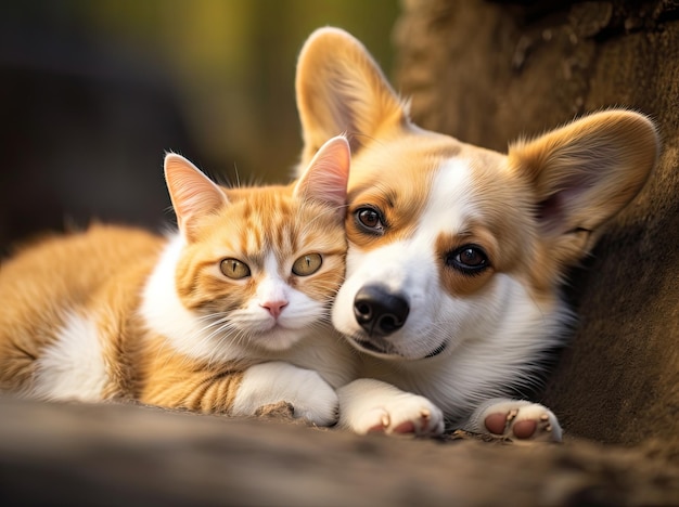 Amicizia animale cane corgi e gatto che toccano le teste romantiche