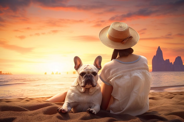 Amicizia felice Donna e il suo cane Bulldog che guardano il tramonto sulla spiaggia AI Generativo