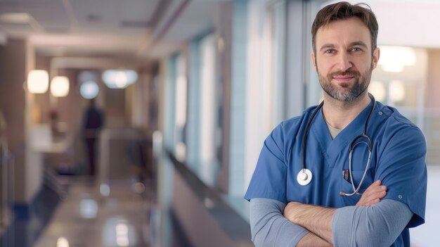 Amico medico o infermiere in abito blu con stetoscopio