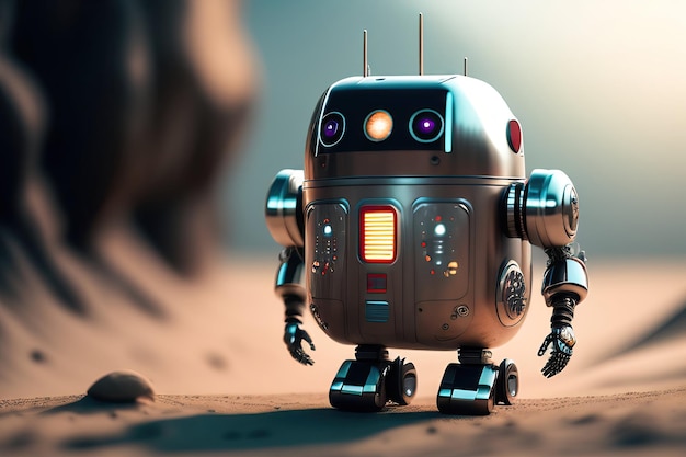 Amico robot felice sorpreso e curioso Simpatico amico giocattolo androide cyborg in metallo