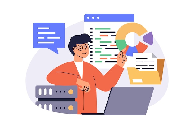 Amministratore di sistema concetto web con persone a cartoni animati piatti per la progettazione del sito web Uomo fa la manutenzione dell'infrastruttura del server la riparazione del codice del programma il salvataggio dei file al data center illustrazione vettoriale