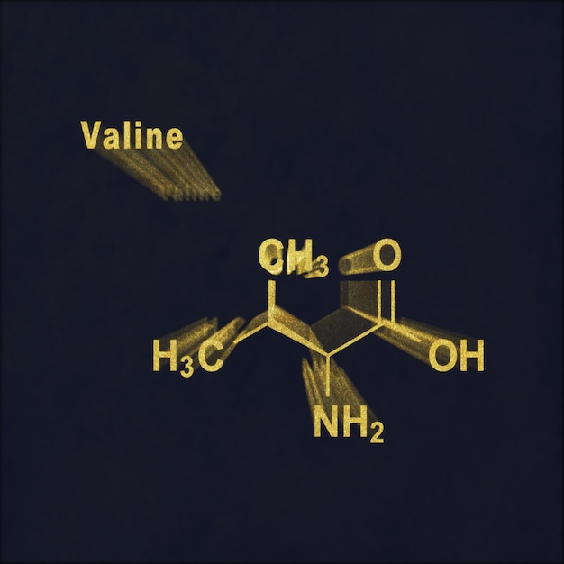 Amminoacido valina (l-valina, Val, V), struttura chimica oro su fondo scuro