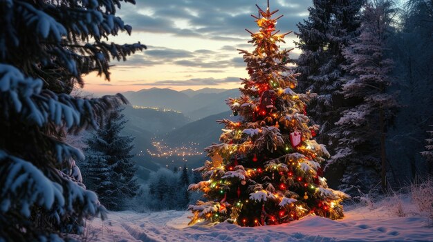 Ammira la vista affascinante di un albero di Natale luminoso in piedi con orgoglio in mezzo a un sereno campo innevato