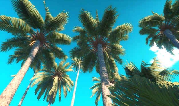 Ammirate le imponenti palme contro un cielo blu vintage trasportandovi in un tranquillo paradiso tropicale sulla spiaggia