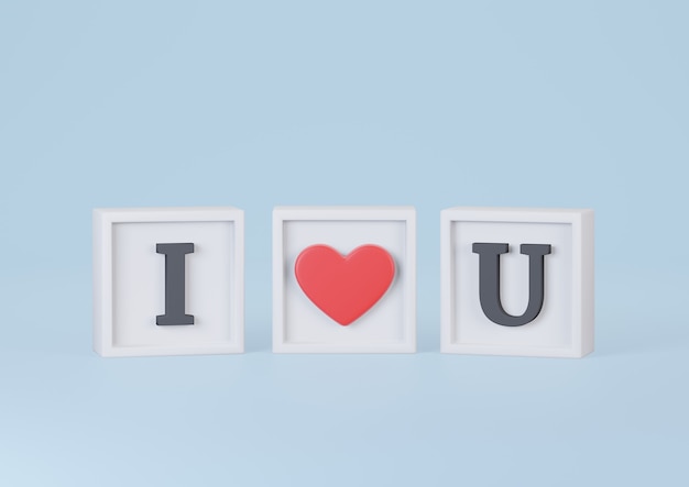 Amo le parole di U nel cubo su sfondo blu. Felice giorno di San Valentino concetto. Rendering 3D.
