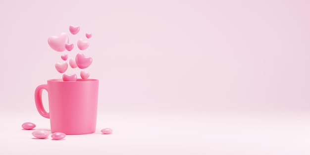 Amore concept design di tazza con cuori su sfondo rosa 3D rendering