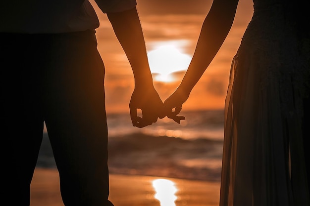 Amore - coppie romantiche che si tengono per mano, tramonto della spiaggia. Amanti o sposini sposati giovane coppia in romanticismo sul bellissimo tramonto in spiaggia. Giovane donna e uomo innamorato che camminano mano nella mano sulla spiaggia.