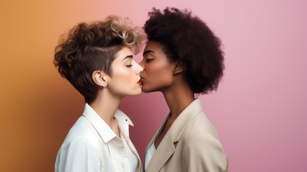 Amore e bacio di una coppia lesbica sullo sfondo dello studio in una felice relazione Lgbtq insieme Gen z donne orgoglio partner felicità insieme