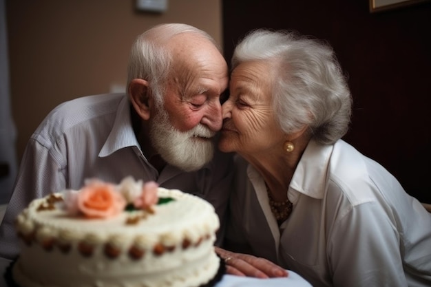 Amore felice e torta con coppia anziana in casa per la celebrazione di eventi o occasioni speciali