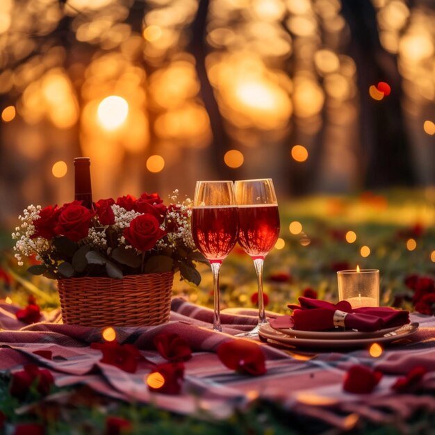 Amore in natura Sereno picnic di San Valentino con vino e rose Per i social media Post Size