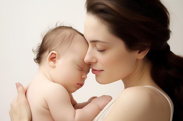 Amore materno madre e bambino su sfondo bianco