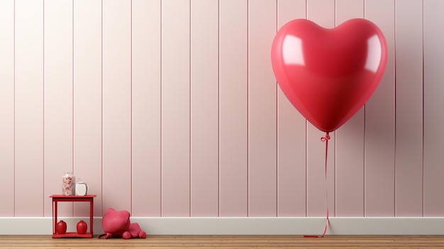 amore palloncino su un pavimento in legno chiaro e un tavolino sullo sfondo bianco