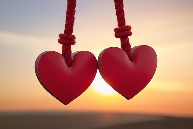 Amore per il giorno di San Valentino Due cuori rossi appesi alla corda insieme alla silhouette del tramonto