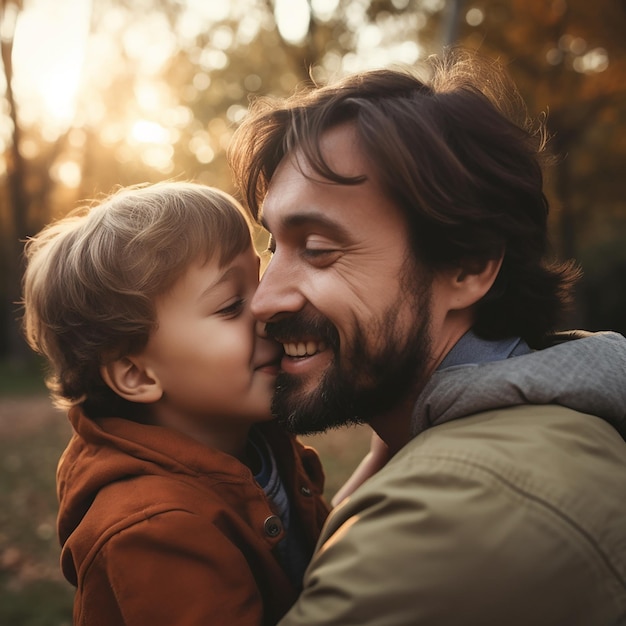 Amore tra padre e figlio padre abbracciando un ragazzino figlio baciando suo padre a passeggiata in autunno