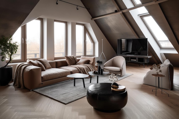 Ampia camera mansardata con arredi moderni ed eleganti ed elementi di design minimalista