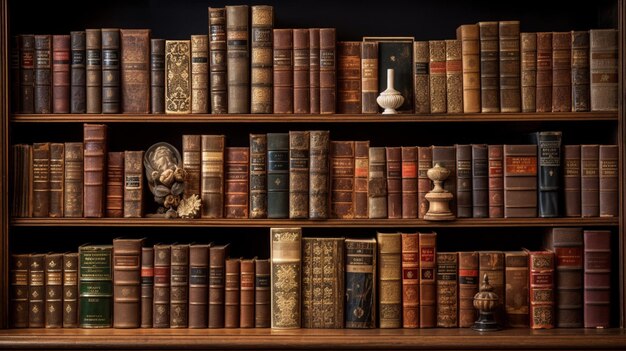 ampia collezione di vecchi libri su uno scaffale in legno al coperto