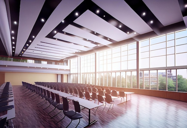 Ampia sala riunioni luminosa con finestre panoramiche AI Generated