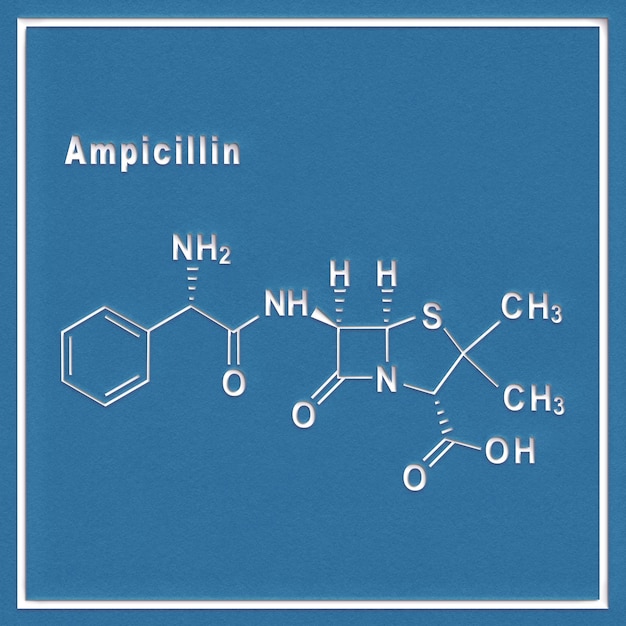 Ampicillina, farmaco antibiotico, formula chimica strutturale su sfondo bianco
