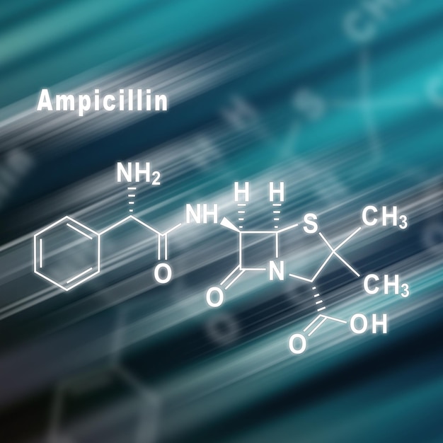 Ampicillina, farmaco antibiotico, sfondo futuristico di formula chimica strutturale