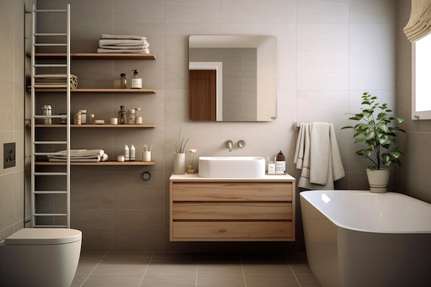 Ampio bagno beige con vasca, lavandino, wc e specchio