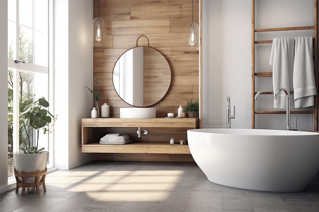 Ampio bagno con moderna vasca da bagno bianca e vista sulla natura fuori dalla finestra IA generativa