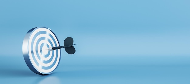 Ampio bersaglio bullseye con freccia su sfondo blu con luogo simulato Targeting e concetto di marketing Rendering 3D