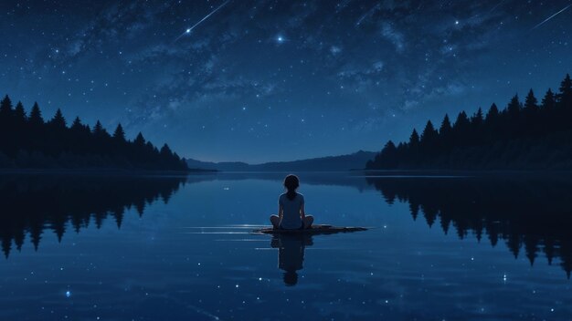 Ampio cielo notturno stellato con una stella cadente che attraversa un lago tranquillo