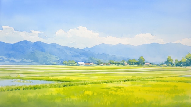 Ampio dipinto ad acquerello di lussureggianti campi verdi sullo sfondo di dolci montagne blu e influenza