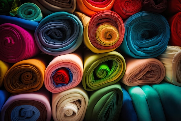 Ampio display di colorati rotoli di tessuto di seta impilati in un negozio di tessuti I colori vivaci
