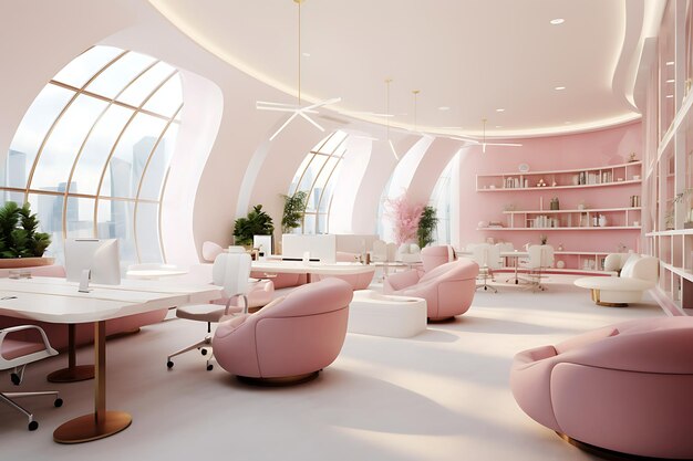 Ampio e elegante ufficio rosa con grandi finestre illuminate dalla luce solare luminosa Foto orizzontale