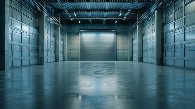 Ampio interno di magazzino moderno con cancelli rotanti in metallo chiusi e pavimento in cemento riflettente