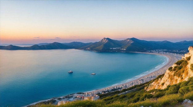 Ampio panorama con vista su Koktebel e sul Mar Nero al tramonto nell'Europa orientale IA generativa