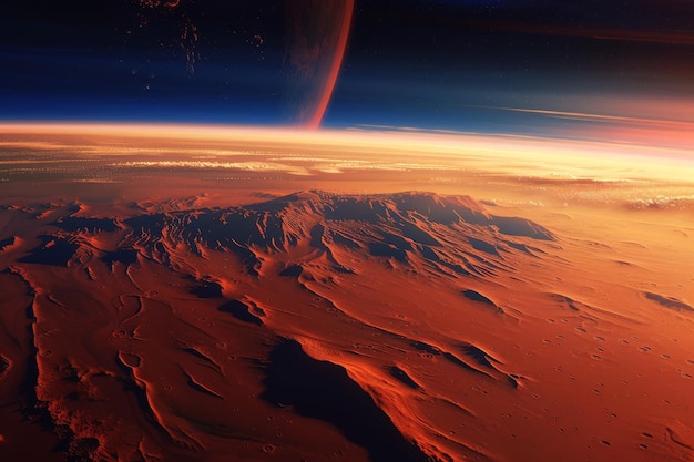 Ampio panorama di Marte il paesaggio del pianeta rosso con le montagne durante l'alba o il tramonto