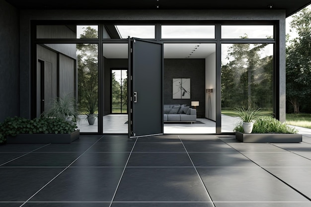 Ampio patio moderno in cemento grigio scuro con elementi metallici creati con ai generativa