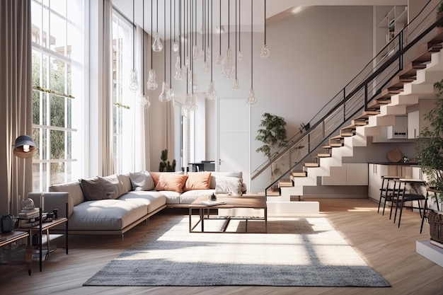 Ampio soggiorno con mobili eleganti e una grande scalinata IA generativa