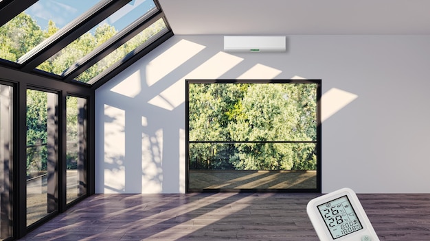 Ampio soggiorno di lusso moderno e luminoso interni con aria condizionata mockup illustrazione rendering 3D