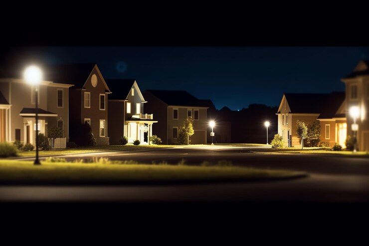 ampio striscione di quartiere residenziale di notte con luci e area di spazio di copia per i concetti di proprietà immobiliare e domiciliare
