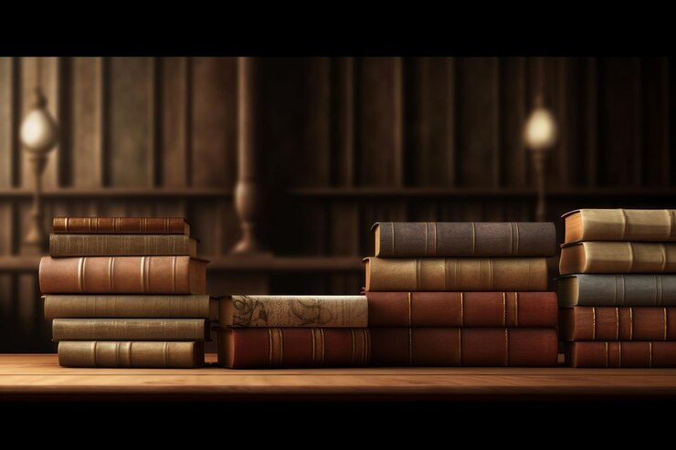 ampio striscione di vecchia biblioteca vintage pila di libri antichi su vecchio tavolo di legno in fantasia periodo medievale con copyspaceGenerative AI