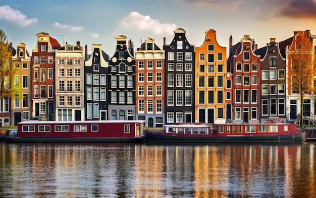 Amsterdam Paesi Bassi case danzanti sul fiume Amstel punto di riferimento nella vecchia città europea IA generativa