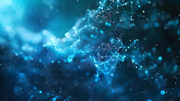 an abstract blue technological background including linked particles and a cyber network grid
