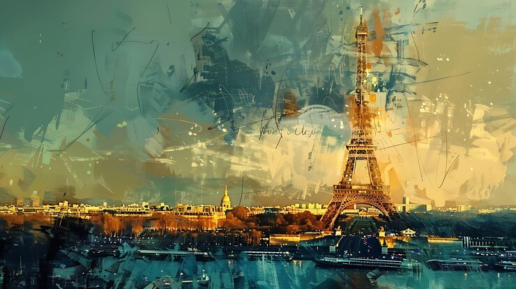 An artistic painting of the Eiffel Tower in Paris France The painting is in a blue and yellow color scheme and has a painterly textured look