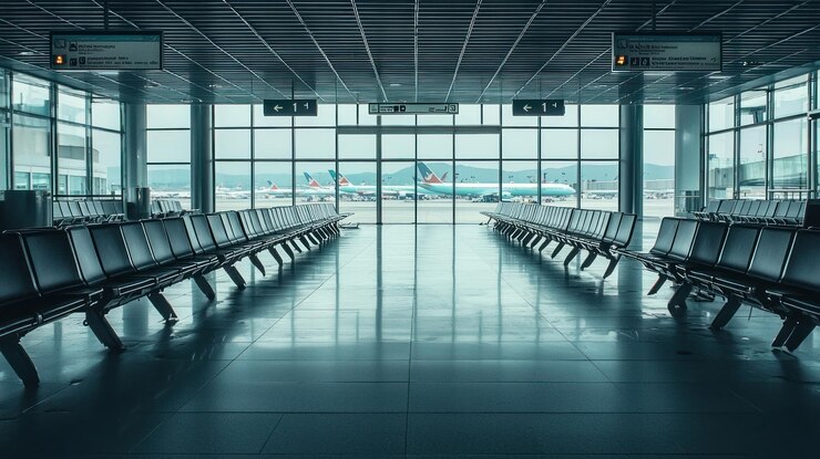 An empty airport with travel restrictions signs highlighting the impact of a worldwide pandemic on global mobility