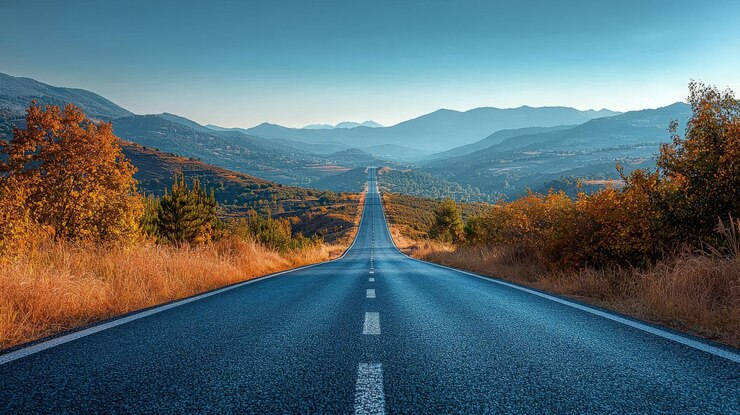 An empty road stretching forward into the distance with no cars or people Both sides of the road are