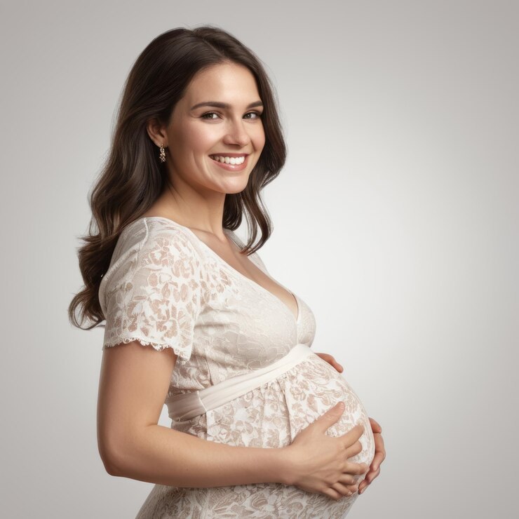 An illustration of a pregnant woman smiling isolated on white background