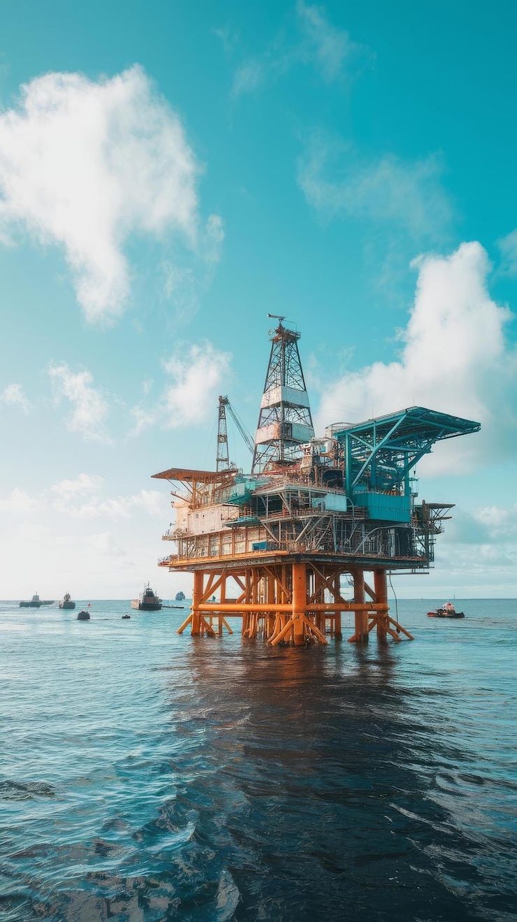 an offshore oil platform and a bright day