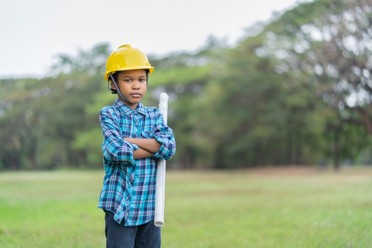 Photo anak laki-laki afrika-amerika dengan topi insinyur memegang cetak biru