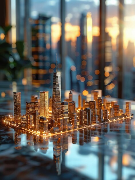 Analisi degli investimenti in edifici ad alta quota con un modello di città 3D su un tavolo da conferenza