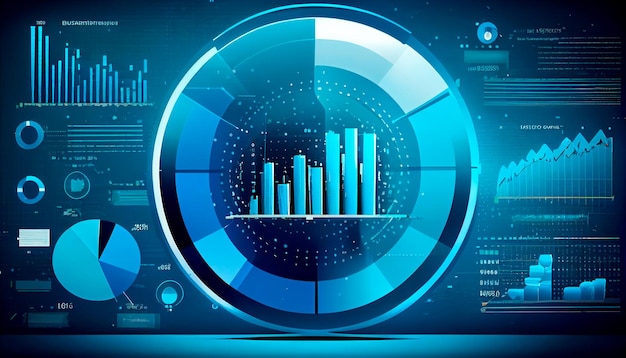 Analisi dei dati aziendali e analisi delle informazioni sui clienti con grafici astratti su sfondo blu IA generativa