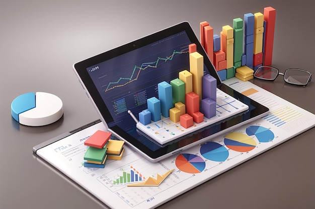 Analisi dei dati del grafico del rapporto finanziario 3D e tablet di concetto di sviluppo web con grafico dei dati